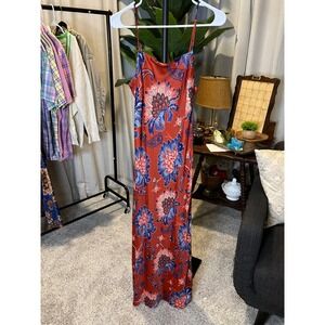FARM Rio Paisley Satin Maxi Slip Dress Rust & Blue Cowl Neck Spaghetti Strap NWT